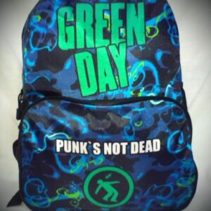 Синя ученическа раница за момче с камуфлажен принт и зелен надпис Green Day