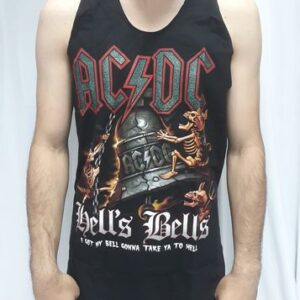 Мъжки потник за фитнес AC/DC Hells Bells с камбана и скелети, изглед върху модел