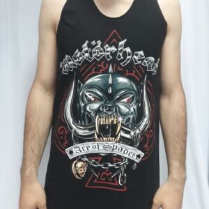 Черен мъжки памучен потник Motörhead с цветна щампа Snaggletooth и надпис Ace of Spades