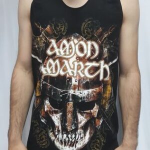 Черен мъжки потник Amon Amarth с голяма щампа на викингски шлем и череп