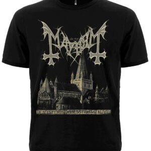 Черна метъл тениска Mayhem De Mysteriis Dom Sathanas Alive с катедрала и лого