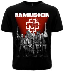 Черна метъл тениска Rammstein с членовете на групата и червено лого на лицето