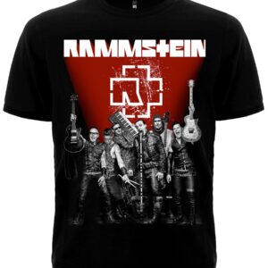 Черна метъл тениска Rammstein с членовете на групата и червено лого на лицето