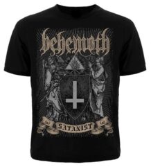 Предна част на черна метъл тениска на Behemoth The Satanist с обърнат кръст