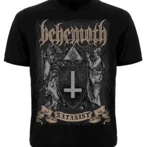Предна част на черна метъл тениска на Behemoth The Satanist с обърнат кръст