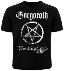 Предна част на черна метъл тениска на Gorgoroth с бял пентаграм и надпис Pentagram
