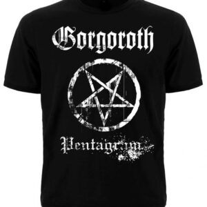 Предна част на черна метъл тениска на Gorgoroth с бял пентаграм и надпис Pentagram