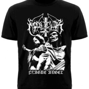 Предна част на черна метъл тениска Marduk Plague Angel с принт на обърнат кръст и фигури