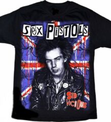 Лице на мъжка пънк тениска Sex Pistols Sid Vicious с британско знаме и ситопечат