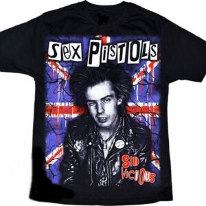 Лице на мъжка пънк тениска Sex Pistols Sid Vicious с британско знаме и ситопечат