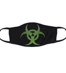 Черна предпазна маска за лице със зелен символ за биологична опасност (Biohazard)