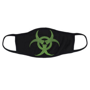 Черна предпазна маска за лице със зелен символ за биологична опасност (Biohazard)