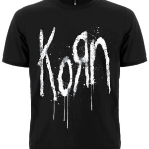 Предна част на черна метал тениска Korn с бяло разтичащо се лого