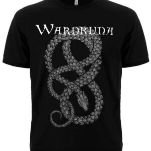 Предна част на черна памучна тениска Wardruna Snake с голяма бяла графика на змия и лого