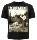 Лице на черна метъл тениска Burzum Filosofem с принт на човек с рог в гората