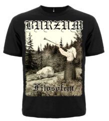 Лице на черна метъл тениска Burzum Filosofem с принт на човек с рог в гората