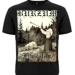 Лице на черна метъл тениска Burzum Filosofem с принт на човек с рог в гората