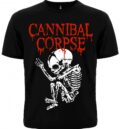 Предна част на черна метъл тениска Cannibal Corpse с червено лого и скелет
