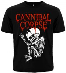 Предна част на черна метъл тениска Cannibal Corpse с червено лого и скелет