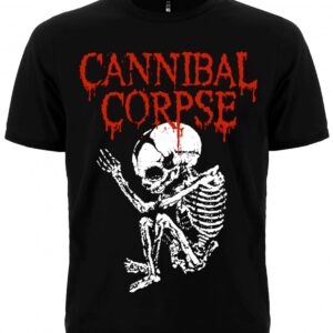 Предна част на черна метъл тениска Cannibal Corpse с червено лого и скелет