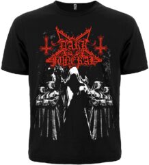 Черна метъл тениска Dark Funeral с червено лого и фигури в качулки отпред