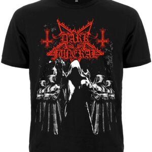 Черна метъл тениска Dark Funeral с червено лого и фигури в качулки отпред