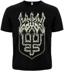 Черна мъжка тениска с щампа Watain и лого с огнен тризъбец отпред
