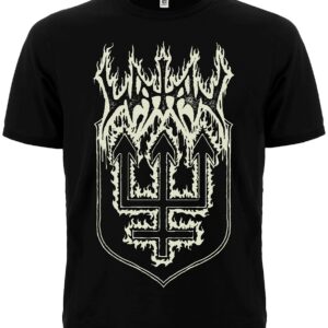 Черна мъжка тениска с щампа Watain и лого с огнен тризъбец отпред