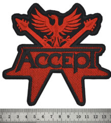Бродирана червена рок нашивка Accept с кръстосани китари и орел