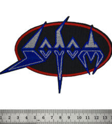 Бродирана метъл нашивка Sodom Blue Logo в синьо, сребристо и червено