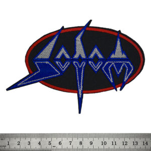 Бродирана метъл нашивка Sodom Blue Logo в синьо, сребристо и червено