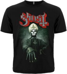 Лице на музикална тениска Ghost Papa Emeritus с голямо цветно лого и щампа
