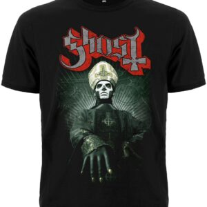 Лице на музикална тениска Ghost Papa Emeritus с голямо цветно лого и щампа