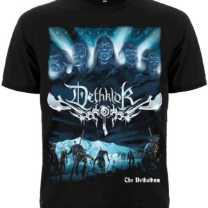 Предна част на мъжка метъл тениска Dethklok The Dethalbum с лицата на бандата