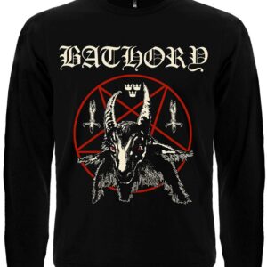 Предна част на черна тениска Bathory с дълъг ръкав и лого на групата с козел в пентаграма