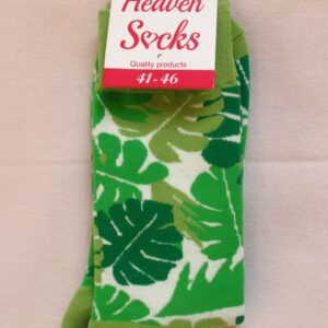 Памучни чорапи с картинки на зелени листа Монстера и етикет Heaven Socks