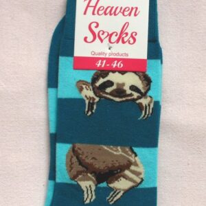 Сини шарени чорапи на райета с ленивец и червен етикет Heaven Socks