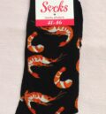 Черни забавни чорапи за мъже с оранжеви скариди и червен етикет Socks
