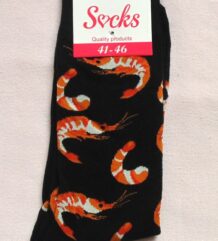 Черни забавни чорапи за мъже с оранжеви скариди и червен етикет Socks
