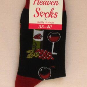 Черни шарени чорапи с десен на вино и грозде и червена пета марка Heaven Socks