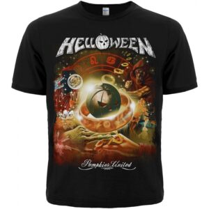 Лице на черна метъл тениска Helloween Pumpkins United с масивна цветна щампа
