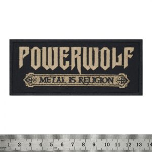 Правоъгълна бродирана метъл нашивка Powerwolf Metal is Religion в бежово и черно