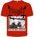 Предна част на червена метъл тениска Mayhem Deathcrush с черно лого и оригинална обложка.
