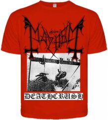 Предна част на червена метъл тениска Mayhem Deathcrush с черно лого и оригинална обложка.