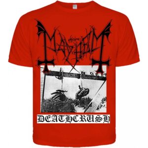 Предна част на червена метъл тениска Mayhem Deathcrush с черно лого и оригинална обложка.