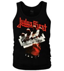 Мъжки памучен потник Judas Priest British Steel с ръка, държаща бръснарско ножче, преден изглед