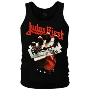 Мъжки памучен потник Judas Priest British Steel с ръка, държаща бръснарско ножче, преден изглед
