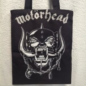 Черна текстилна чанта Motorhead с голям бял принт на Snaggletooth и логото на групата