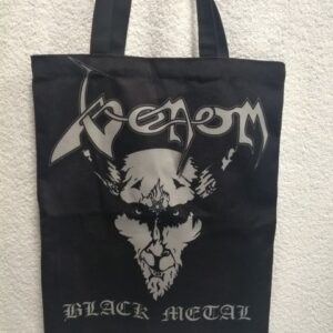 Черна текстилна чанта Venom със сребриста глава на козел и надпис Black Metal