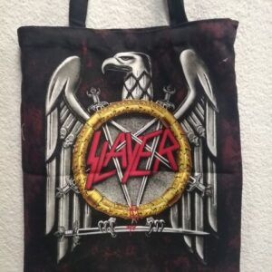 Черна текстилна чанта Slayer с принт на орел, пентаграм от мечове и червено лого